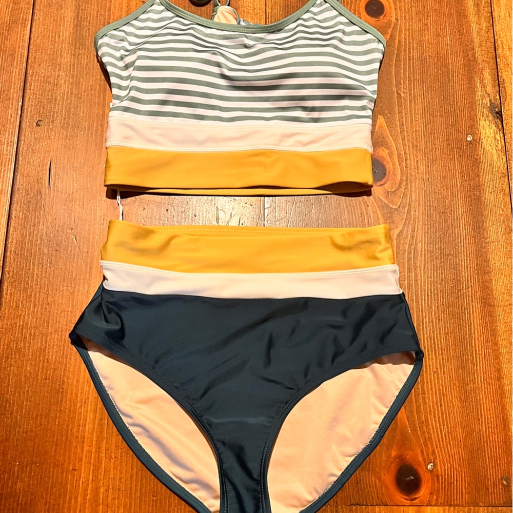 Livy and Kate Striped Bikini Set in Green, Yellow, and White